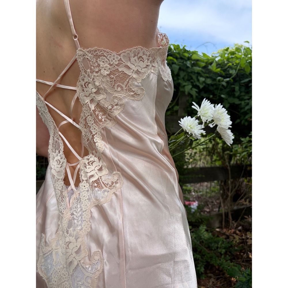 Vintage 1997 Victorias Secret Gold Label Pink Satin Lace Corset Back Nightgown S